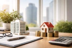 A minimalist investment scene featuring a scale model of a corporate building and a residential house positioned on stacks of gold coins, on a work table with documents, a pen, a calculator, and glasses, representing real estate investment trust (REIT) strategies and long-term income protection.