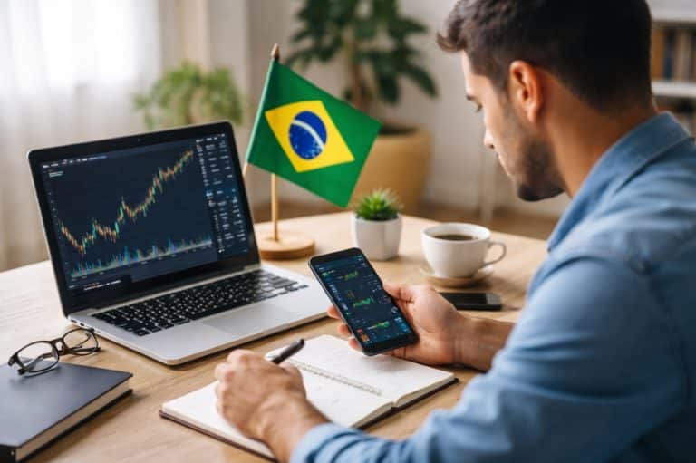 Homem jovem analisando investimento no Brasil em um ambiente doméstico minimalista, utilizando notebook e smartphone com dados financeiros na tela, enquanto faz anotações em um caderno sobre a mesa, com bandeira do Brasil ao fundo, transmitindo tomada de decisão consciente e perfil do investidor pessoa física.