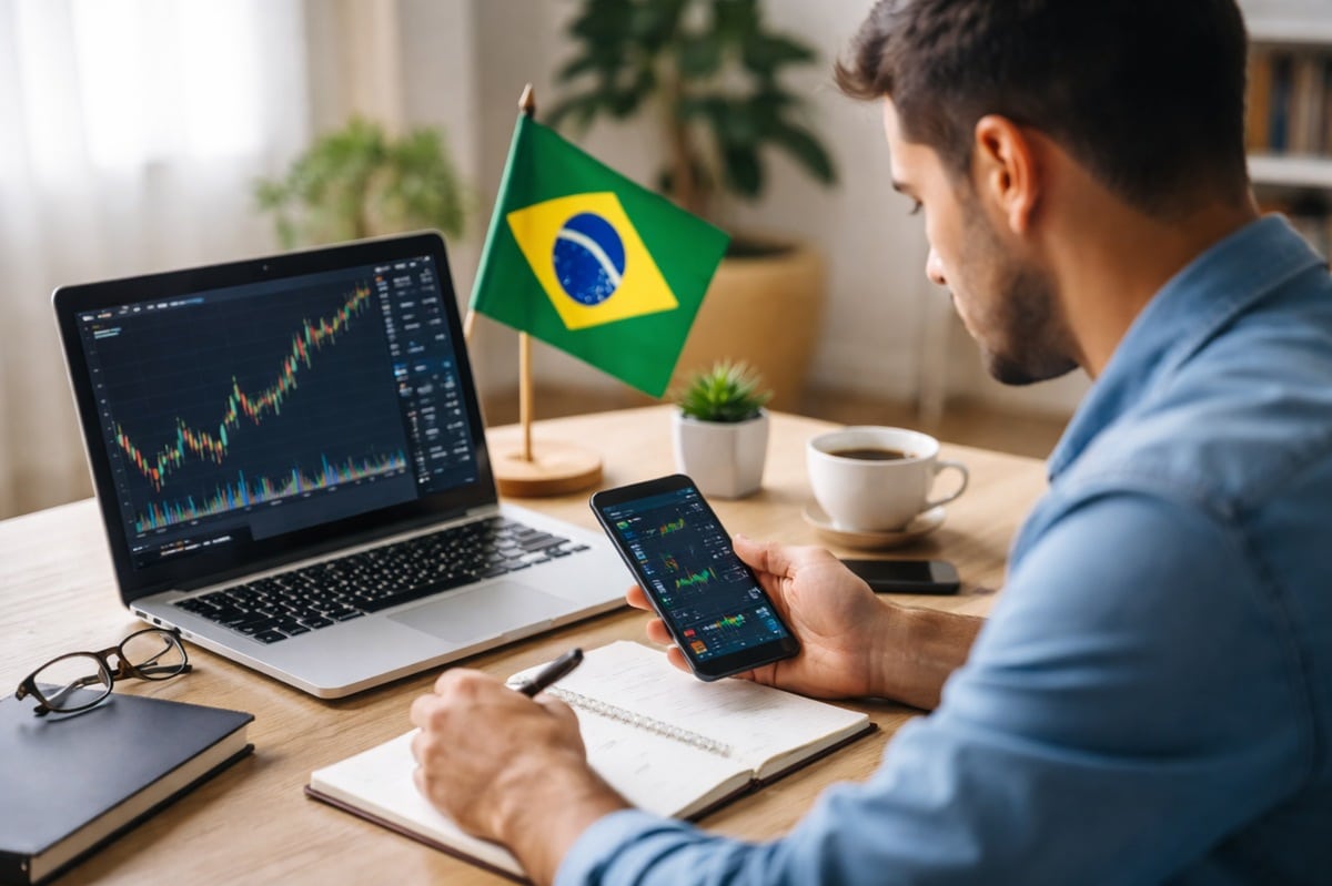 Homem jovem analisando investimento no Brasil em um ambiente doméstico minimalista, utilizando notebook e smartphone com dados financeiros na tela, enquanto faz anotações em um caderno sobre a mesa, com bandeira do Brasil ao fundo, transmitindo tomada de decisão consciente e perfil do investidor pessoa física.