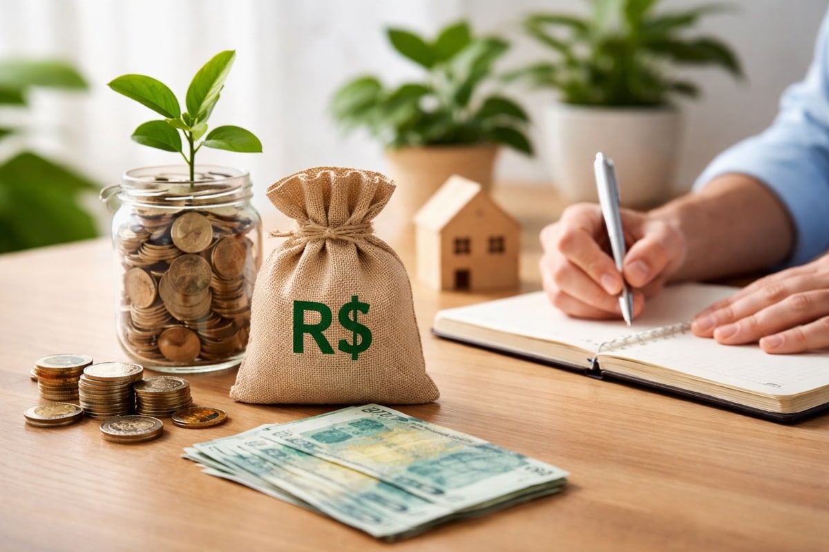 Mesa de madeira clara com caderno aberto sendo escrito à mão, saco de tecido com símbolo de moeda brasileira, notas e moedas organizadas, pote de vidro com moedas e planta crescendo, representando planejamento financeiro, hábitos conscientes e investimentos no Brasil de forma equilibrada e realista.