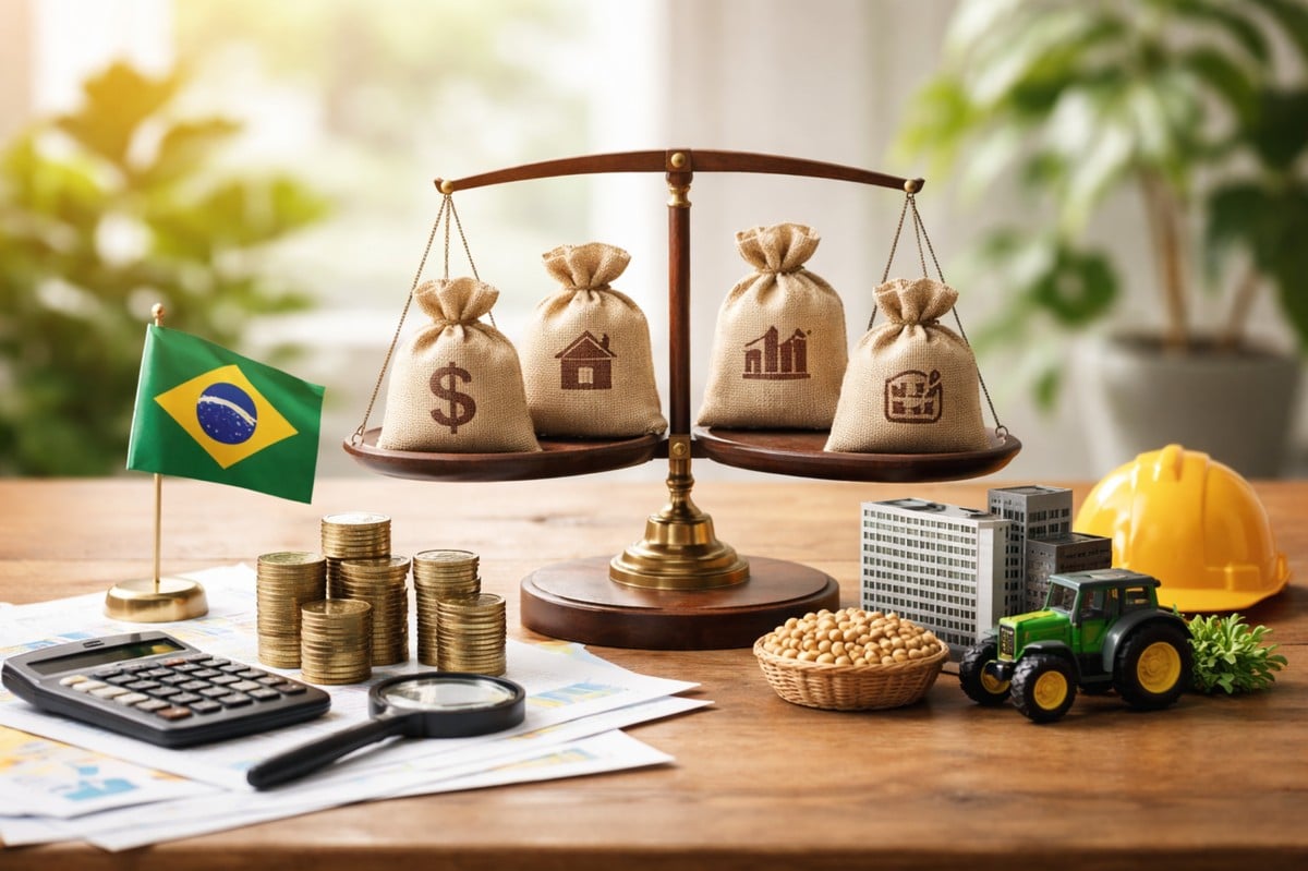 Cena realista e minimalista representando investimentos no Brasil, com uma balança equilibrando diferentes tipos de ativos financeiros, incluindo moedas, imóveis, indústria e agronegócio, acompanhados de bandeira brasileira, calculadora, pilhas de moedas, grãos e elementos de infraestrutura, simbolizando diversificação de portfólio e oportunidades econômicas no contexto brasileiro.