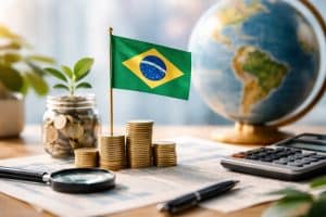 Imagem realista e minimalista sobre investimento no Brasil, mostrando uma mesa de madeira com pilhas organizadas de moedas douradas ao centro, uma pequena bandeira do Brasil posicionada acima das moedas, um globo terrestre desfocado ao fundo destacando a América do Sul, uma lupa e uma calculadora ao lado, além de um pote de vidro com moedas e uma pequena planta verde simbolizando crescimento financeiro e conexão entre cenário global e decisões locais de investimento.