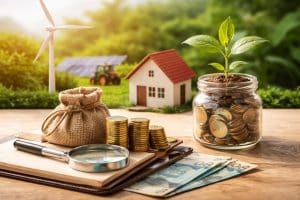 Imagem realista e minimalista representando investimentos alternativos no Brasil: sobre uma mesa de madeira clara, há um saco de juta com moedas douradas empilhadas, um caderno com lupa e cédulas de real parcialmente visíveis.