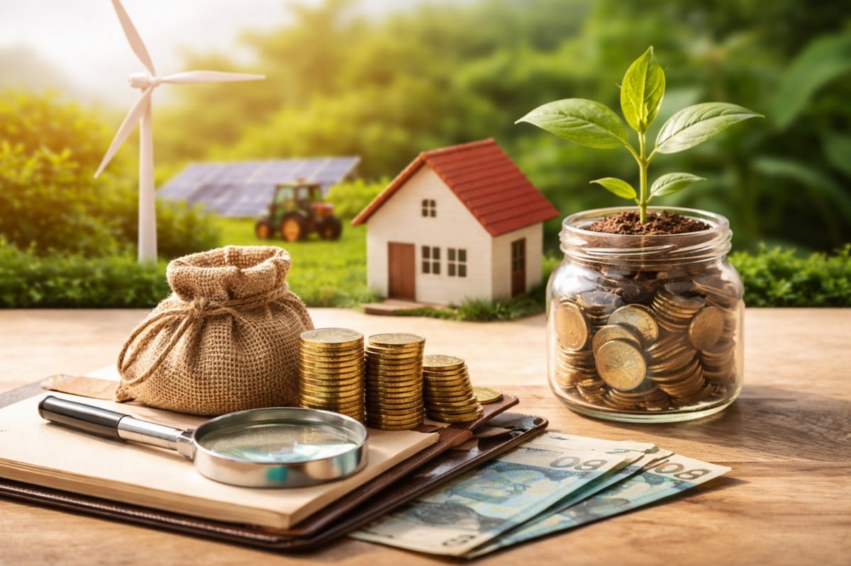 Imagem realista e minimalista representando investimentos alternativos no Brasil: sobre uma mesa de madeira clara, há um saco de juta com moedas douradas empilhadas, um caderno com lupa e cédulas de real parcialmente visíveis.