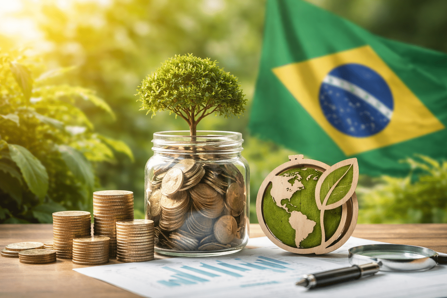 Frasco de vidro cheio de moedas com uma pequena árvore crescendo no topo sobre uma mesa de madeira, acompanhado por pilhas de moedas e um símbolo ecológico de madeira representando o planeta com uma folha, com a bandeira do Brasil desfocada ao fundo, ilustrando sustentabilidade, responsabilidade ambiental e investimentos ligados a critérios ESG no contexto financeiro brasileiro.