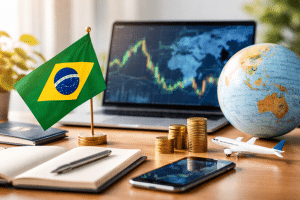 Mesa de trabalho com bandeira do Brasil, notebook exibindo mercado financeiro global, pilhas de moedas, globo terrestre e miniatura de avião, representando investimentos internacionais e diversificação de investimentos a partir do Brasil.