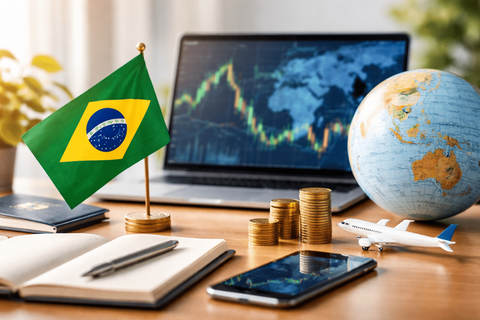 Mesa de trabalho com bandeira do Brasil, notebook exibindo mercado financeiro global, pilhas de moedas, globo terrestre e miniatura de avião, representando investimentos internacionais e diversificação de investimentos a partir do Brasil.