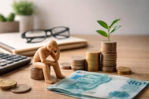 Homem em miniatura de madeira sentado sobre pilhas de moedas, com expressão pensativa, ao lado de cédulas de real brasileiro e uma pequena planta crescendo sobre moedas empilhadas, simbolizando decisões emocionais e crescimento financeiro nos investimentos, em ambiente minimalista com calculadora, caderno e óculos desfocados ao fundo.