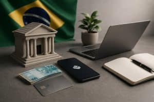 Cena minimalista e realista representando o sistema financeiro brasileiro em transformação, com maquete de banco clássico em primeiro plano, cédulas de real e cartão ao lado, smartphone moderno sobre a mesa e notebook aberto ao fundo, com bandeira do Brasil desfocada ao fundo, ilustrando o equilíbrio entre tradição e inovação nas noticias econômicas do país.