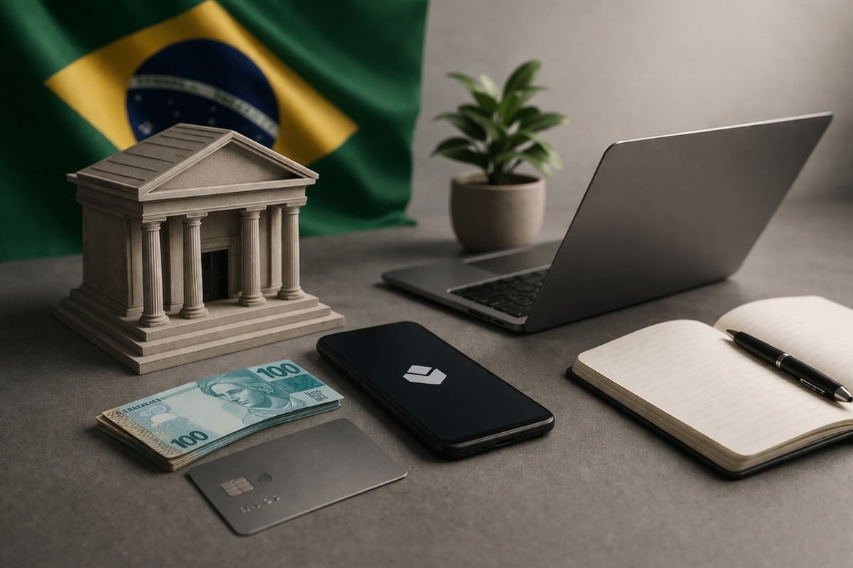 Cena minimalista e realista representando o sistema financeiro brasileiro em transformação, com maquete de banco clássico em primeiro plano, cédulas de real e cartão ao lado, smartphone moderno sobre a mesa e notebook aberto ao fundo, com bandeira do Brasil desfocada ao fundo, ilustrando o equilíbrio entre tradição e inovação nas noticias econômicas do país.