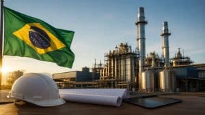 Imagem de um complexo industrial brasileiro com bandeira nacional em destaque, equipamentos de engenharia e ambiente produtivo moderno. A cena simboliza desenvolvimento econômico e inovação em meio às notícias sobre crescimento da indústria no Brasil.
